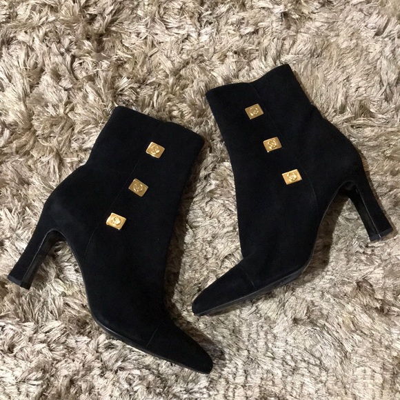 St. John Shoes - St. John Black Suede Booties w/Gold Tone Buttons